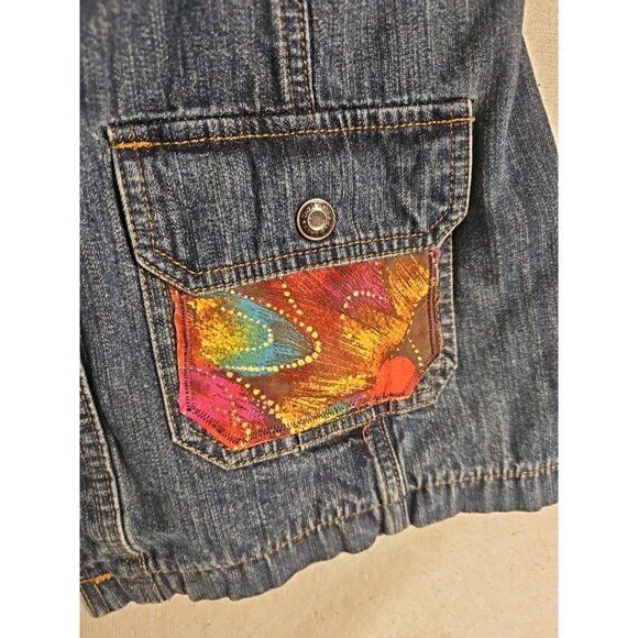 Old Navy Womens Denim Jean Jacket Size L Snap Painted Pockets & Back Art To Wear - Picture 5 of 8